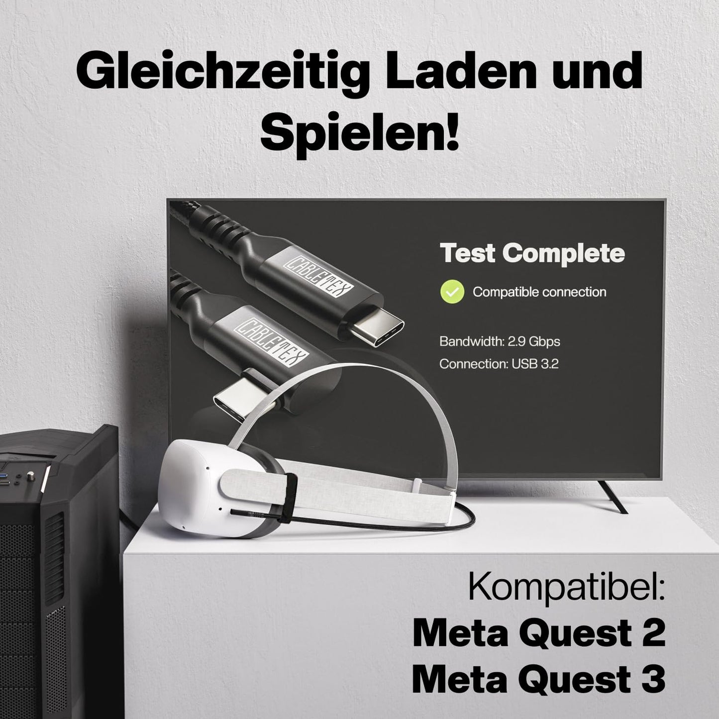 VR Brillen Kabel | für Meta Oculus Quest 2 & 3 | USB-C zu USB-C | USB 3.2 | Nylonmantel | 5m