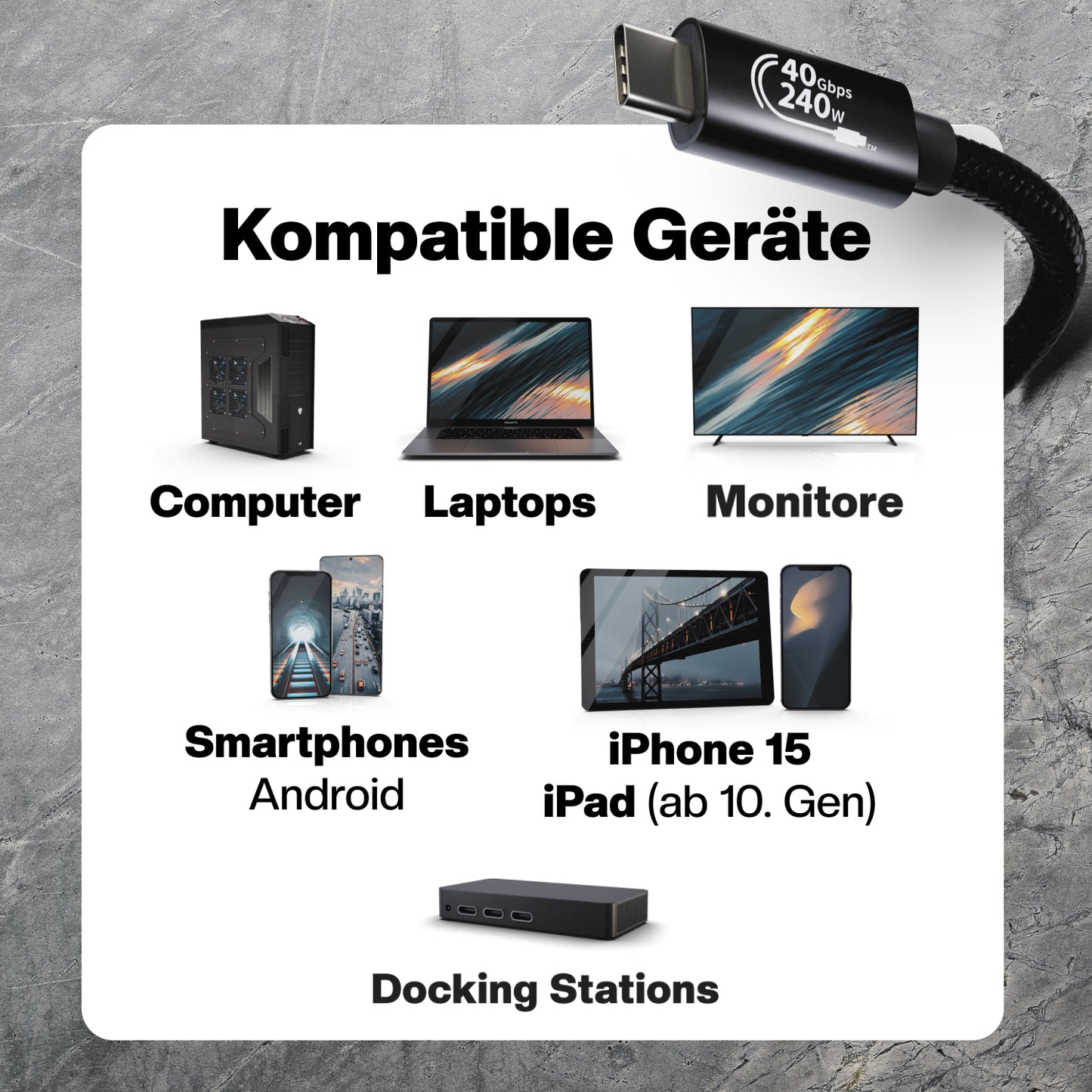 USB4 Gen3x2 USB-C Monitorkabel 90° gewinkelt | für Thunderbolt 3 | PowerDelivery bis 240 Watt | 5A, 48V, 40 GBit/s Datenübertragung | bidirektional