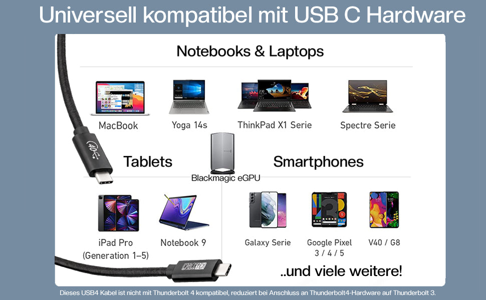 USB4 Gen3x2 USB-C Monitorkabel | für Thunderbolt 3 | PowerDelivery bis 240 Watt | 5A, 48V, 40 GBit/s Datenübertragung | bidirektional