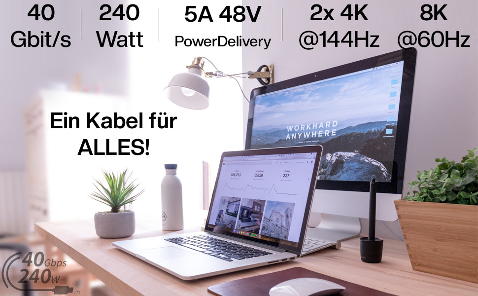 USB4 Gen3x2 USB-C Monitorkabel | für Thunderbolt 3 | PowerDelivery bis 240 Watt | 5A, 48V, 40 GBit/s Datenübertragung | bidirektional