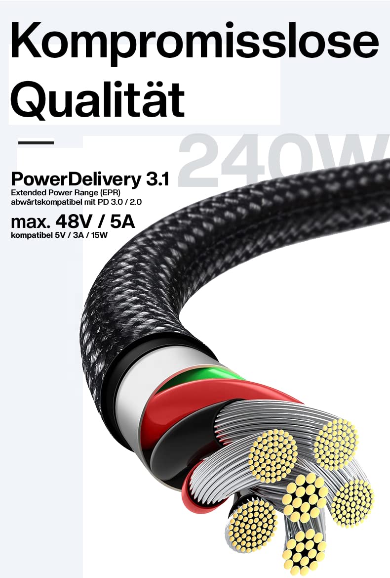 240 Watt USB-C Schnell-Ladekabel | QuickCharge kompatibel | 48V/5A Power Delivery 3.1