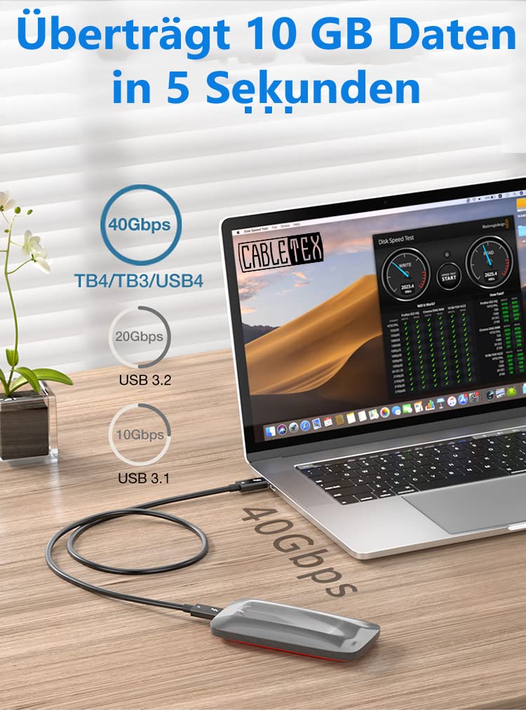 USB4 Gen3x2 USB-C Monitorkabel | für Thunderbolt 3 | PowerDelivery bis 240 Watt | 5A, 48V, 40 GBit/s Datenübertragung | bidirektional