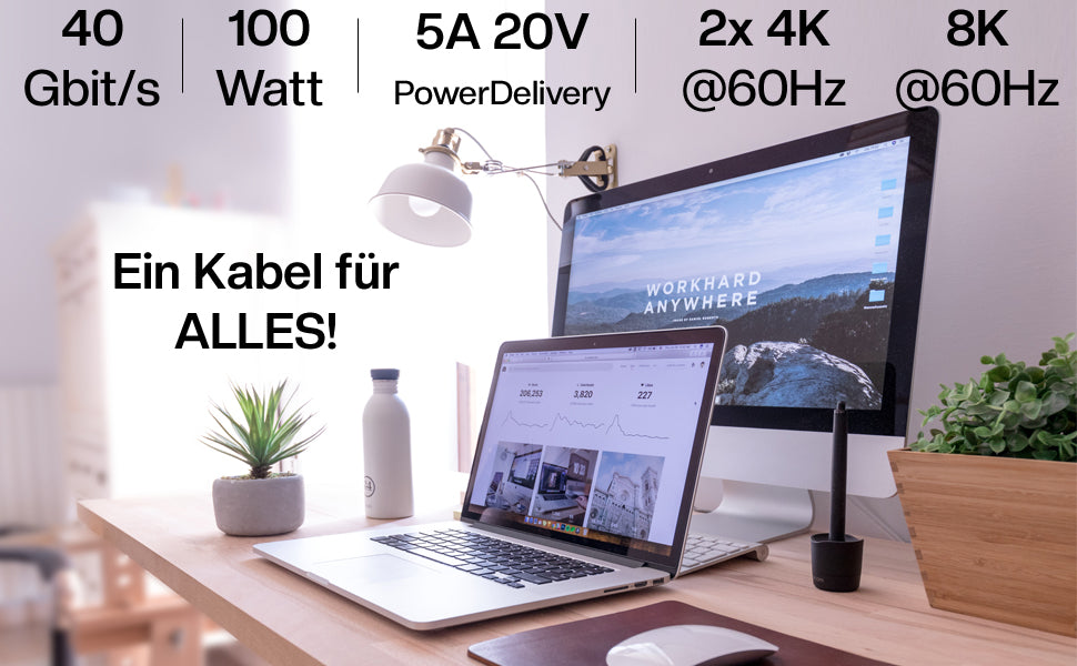 USB4 Gen3x2 Monitorkabel | USB-C zu USB-C | 5A, 20V, 100 Watt, 40GBit/s | bidirektional