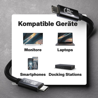 USB4 Gen3x2 USB-C Monitorkabel | für Thunderbolt 3 | PowerDelivery bis 240 Watt | 5A, 48V, 40 GBit/s Datenübertragung | bidirektional