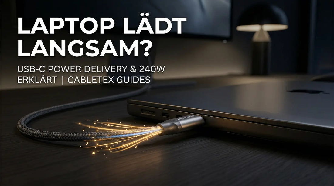 Ein CABLETEX USB-C Ladekabel mit 240W Power Delivery steckt in einem High-End Laptop. Goldene Energie-Funken visualisieren den schnellen Ladeprozess auf einer dunklen Workstation. Text im Bild: Laptop lädt langsam?