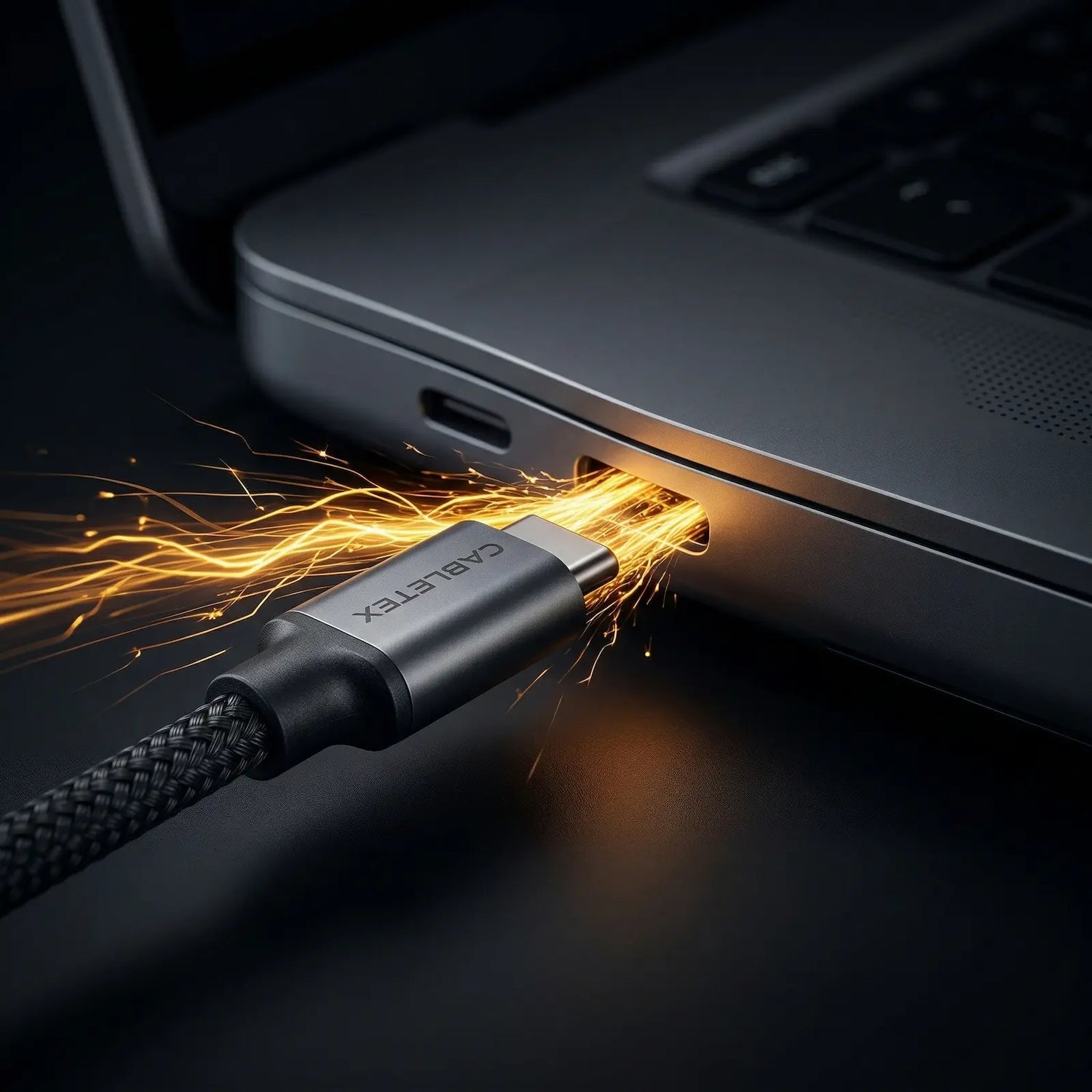 CABLETEX 240W Power Delivery USB-C Ladekabel mit goldenen Energie-Funken visualisiert extremes Schnellladen für Laptops.