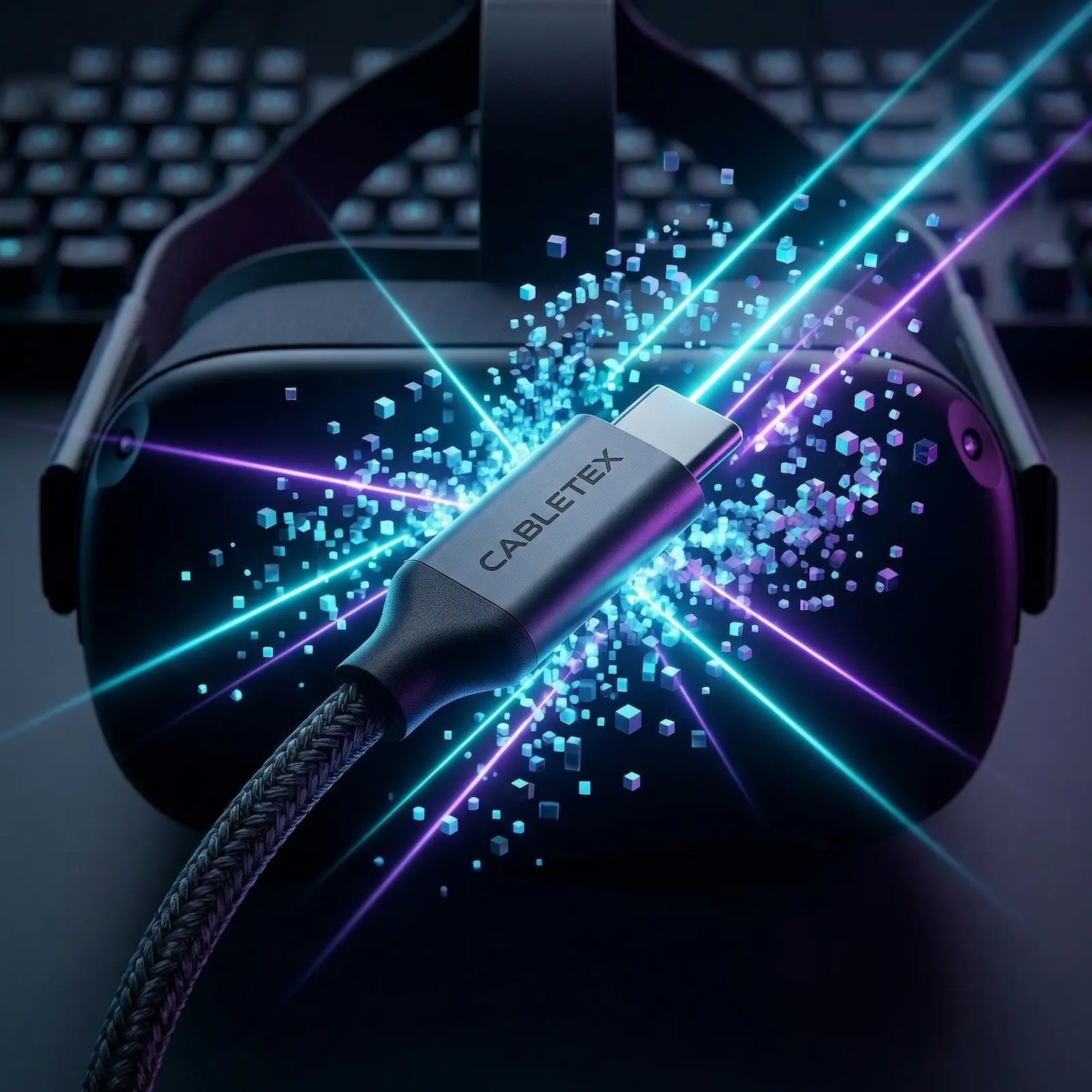 Robustes CABLETEX VR Link Kabel für Gaming-Setups mit neonfarbenen Lichteffekten für eine immersive Verbindung.
